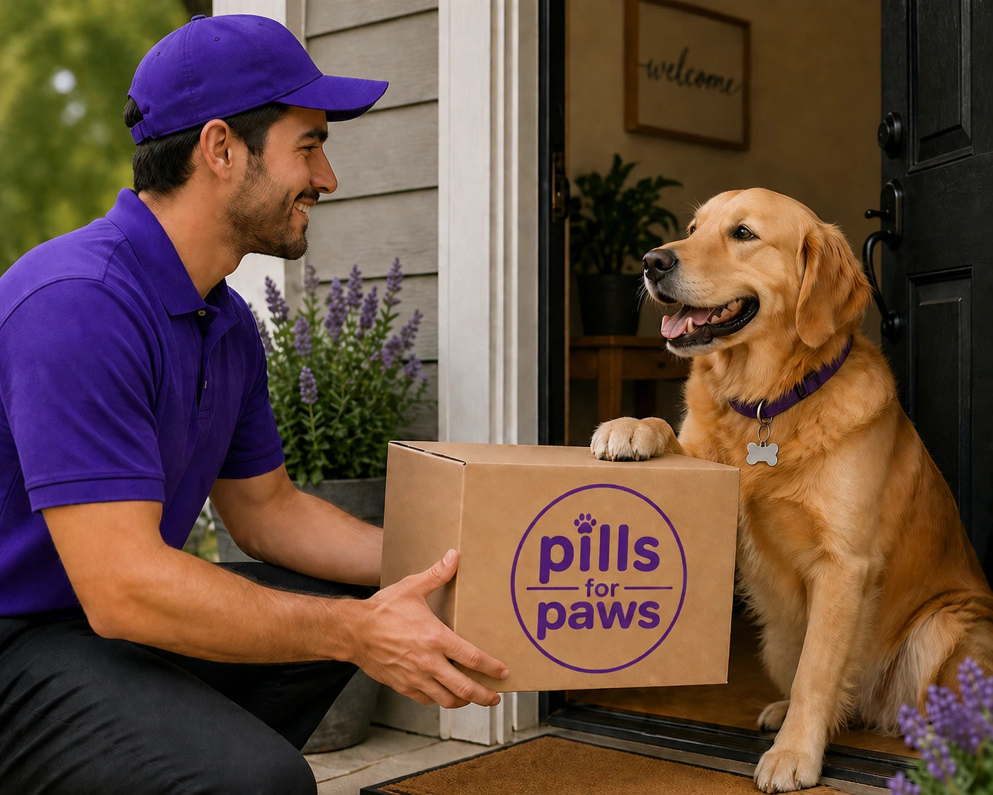 Discount Pet Meds delivered to door to happy dog
